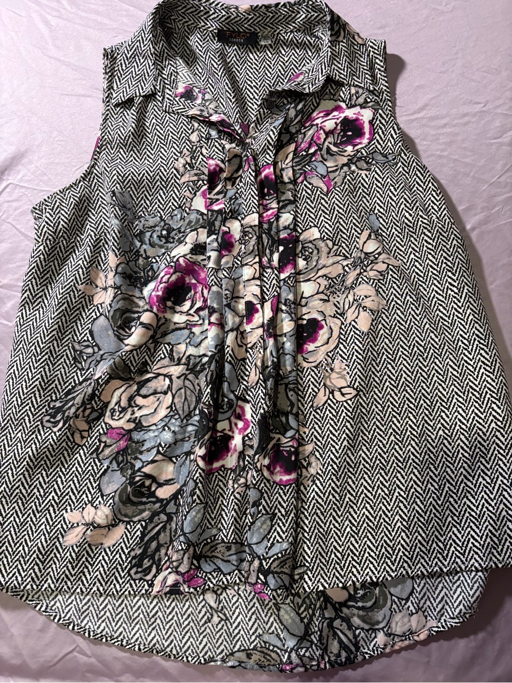 FYLO Black & White Chevron Sleeveless Tie-Neck Camisole with Pink Floral